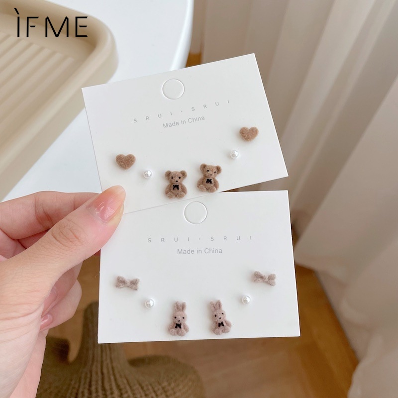 IF ME Bộ 3 Đôi Khuyên Tai Hình Trái Tim/Gấu/Thỏ/Nơ Dễ Thương Cho Nữ