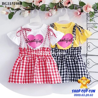 Set áo tay loe in hình tim, váy caro cột dây có quần short cho bé gái từ 18-28kg