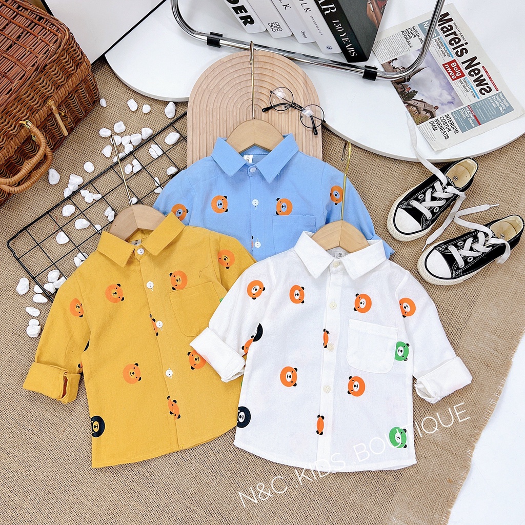 Áo sơ mi bé trai đi học, đi chơi phối gấu cá tính size