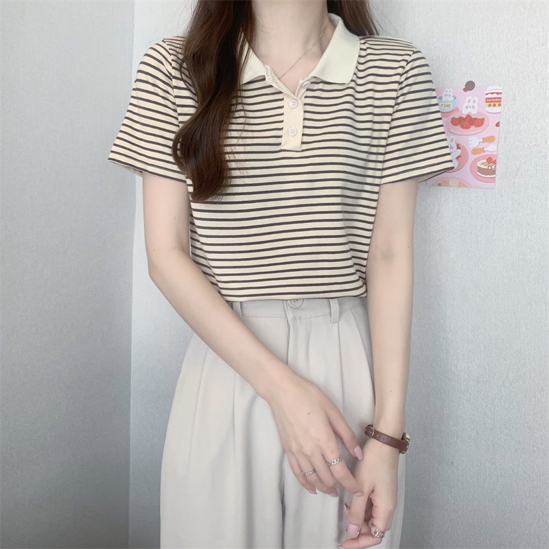 Áo polo XIAOZHAINV ngắn tay kẻ sọc 4 màu lựa chọn thời trang cho nữ