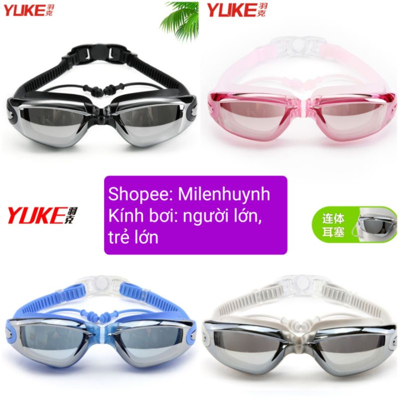 Kính bơi tráng gương chống chói dành cho người lớn,  trẻ lớn, nam, nữ, có nút tai và khóa bấm dễ cài