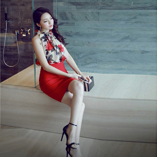 Set chân váy ôm áo hoa phong cách Hàn-SET01