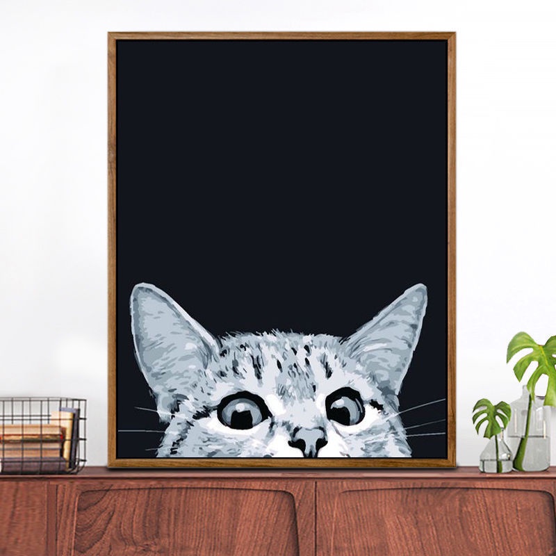 tranh số hoá Tự làm động vật trẻ em dễ thương mèo đen trắng phiên bản dọc màu sơn dầu nhà mèo nhìn trộm
