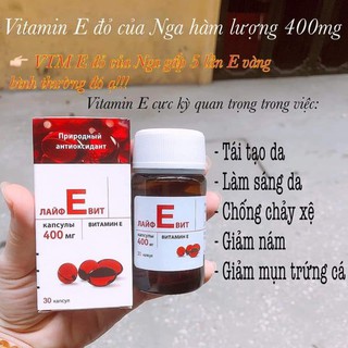 Vitamin E Đỏ Nga Hàm Lượng 400mg Giúp Làm Đẹp Da , lọ thủy tinh
