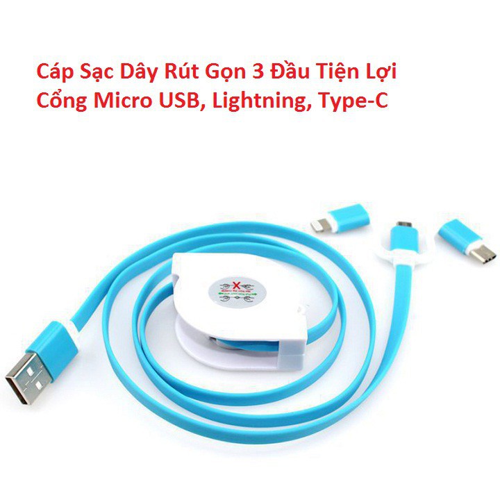 Cáp Sạc Dây rút Đa Năng 3 Trong 1 Micro Usb Type-C 3 in 1 tiện dụng gọn nhẹ Saokhueshop