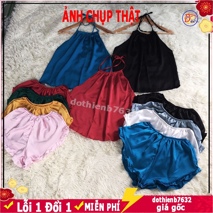 ⚡️ SIÊU PHẨM⚡ Bộ ngủ 2 dây lụa đẹp cao cấp loại trơn, Sét bộ nữ  Pijama cổ yếm satin mặc nhà đẹp quần cộc lửng thoải mái