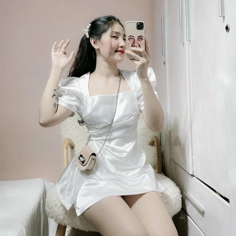 Đầm dự tiệc trắng đỏ bèo hông Celon Dress