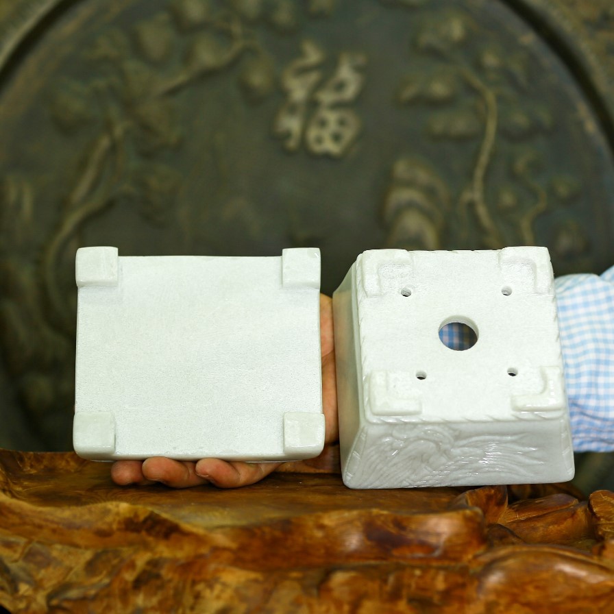 Chậu đá trắng xám vuông đục khắc chạm tay thủ công trồng bonsai mini chân đôn dời, KT: 12x12x9