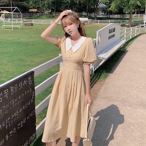 Đầm dài cổ chữ V ngắn tay họa tiết kẻ sọc ca rô thời trang 44719