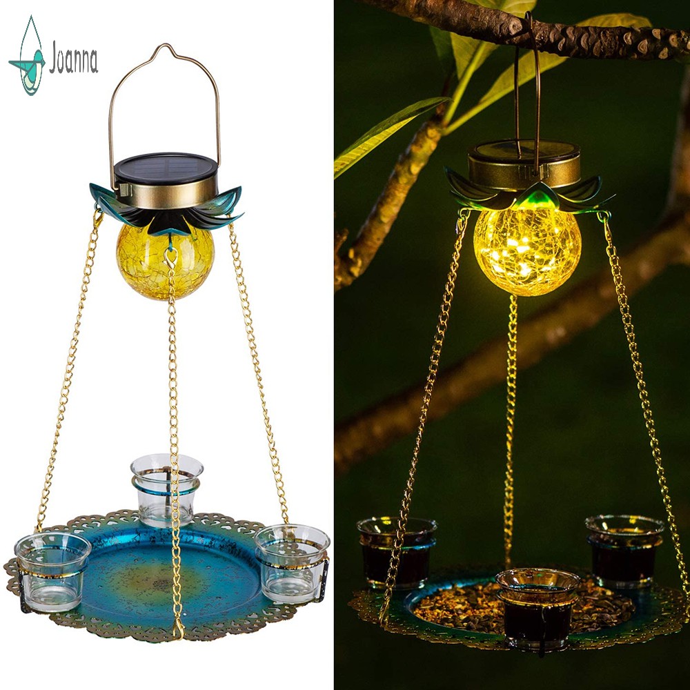 Solar Powered Birds Feeder Outdoor Hanging Waterproof Birds Food Tray Garden Metal Flower Decorative LED Lighting