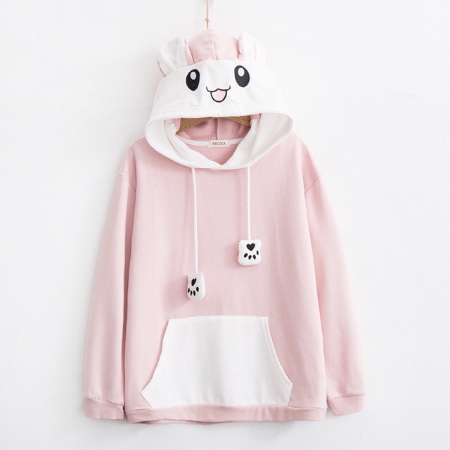 Áo Khoác Nỉ Hoodie Hình Thỏ Ngộ Nghĩnh Dây Rút Chân Cún Cực Kì Dễ Thương