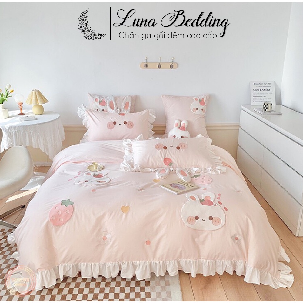 (Ảnh Thật) Bộ Chăn Ga Cotton Linen Thỏ Hồng Dâu Tây Luna Bedding