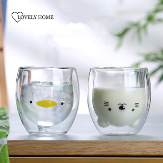 Cốc thủy tinh cách nhiệt thiết kế gấu/ mèo/ vịt dễ thương 250ml
