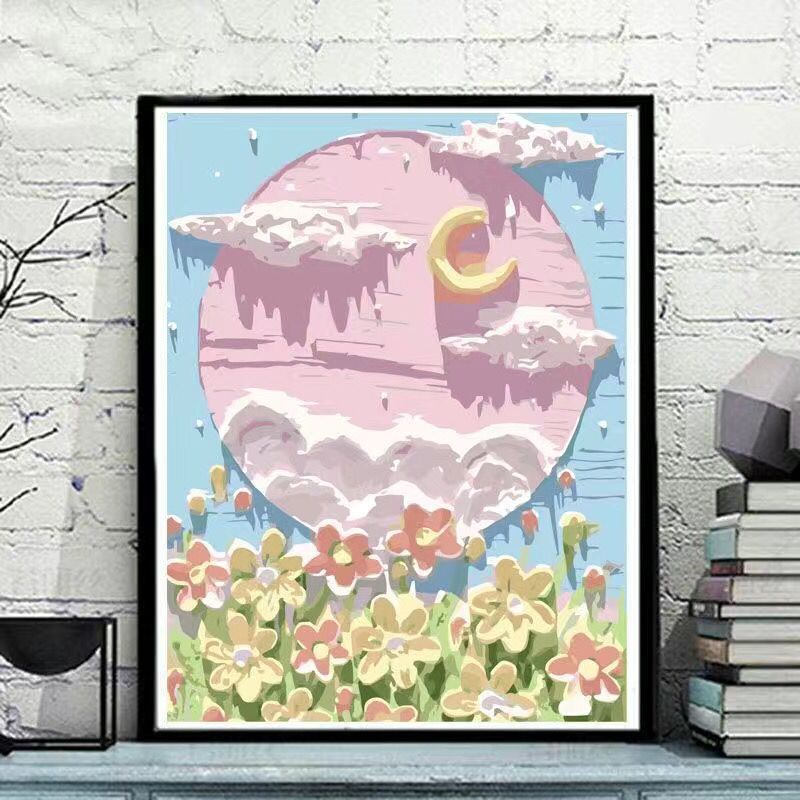 Bộ tranh sơn dầu Hamlet tô màu theo số hình hoa và mặt trăng trang trí phòng khách phòng ngủ cỡ 30*40/ 40*50cm