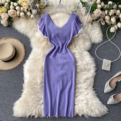 Đầm len cổ V tay cánh tiên sexy, váy len dáng ôm