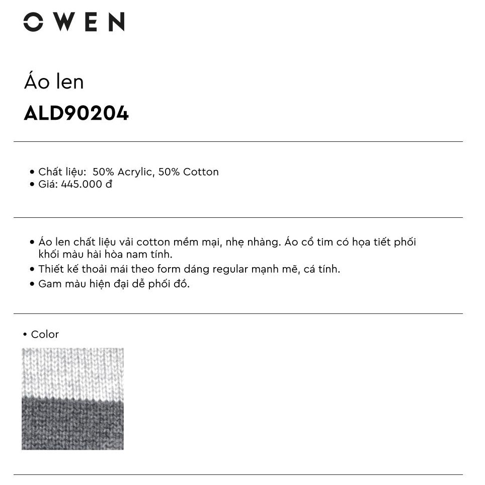 OWEN - Áo len nam Owen - ALD90204 dáng Regular fit Cổ tim Màu ghi, phối xám và đen