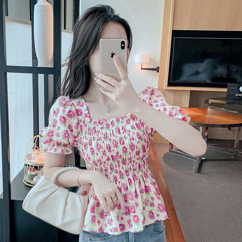 Áo Chiffon Cổ Vuông Tay Ngắn Phồng In Họa Tiết Hoa Thời Trang Mùa Hè 2022 Mới Cho Nữ