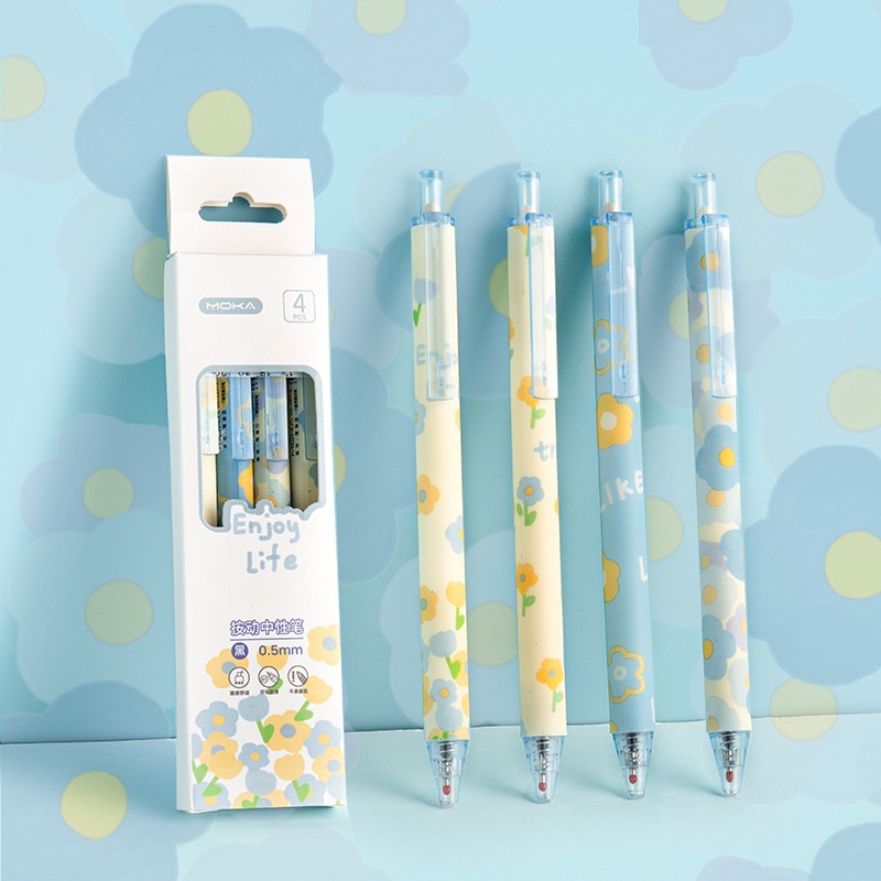 Set 4 Bút Bi Mực Đen Ngòi 0.5mm Họa Tiết Hoa Lãng Mạn