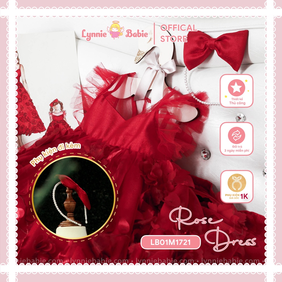 Đầm bé gái LYNNIE BABIE mẫu ROSE' DRESS, đầm xòe tân cổ điển hoa hồng thêu tay nổi 3D