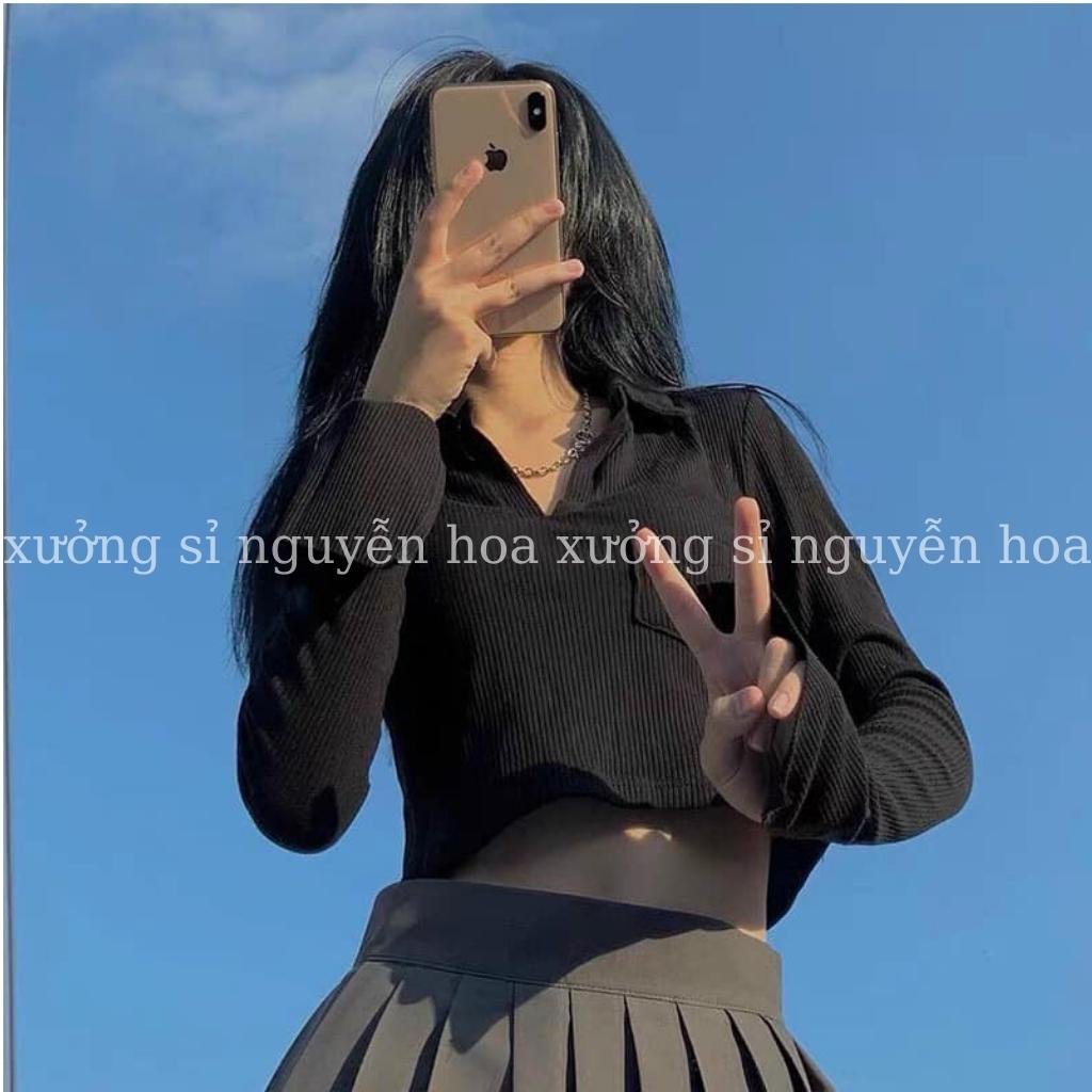Áo thun croptop nữ xẻ tay dài túi ngực có cổ phong cách sexy cá tính 2 màu trắng đen dễ phối đồ Xưởng Sỉ Nguyễn Hoa