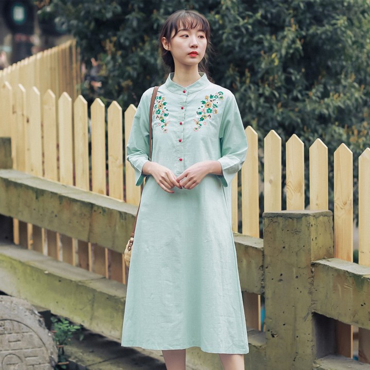 THANH LÝ HÀNG TỒN KHO Đầm bầu công sở cổ tàu thêu hoa hàng nhập Quảng Châu