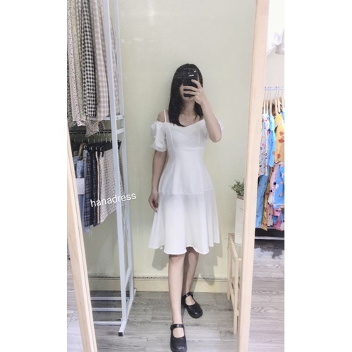 Đầm trắng dự tiệc tay bồng , trễ vai 2 dây mặc 2 kiểu có lót
