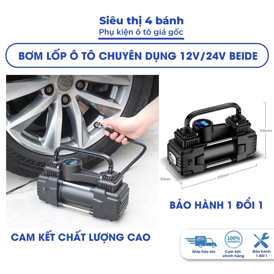 Bơm lốp ô tô Beide, máy bơm lốp xe ô tô 12V sử dụng 2 xi lanh, màn hình led tự ngắt tặng kèm bộ vá dùi lốp và đồ nghề