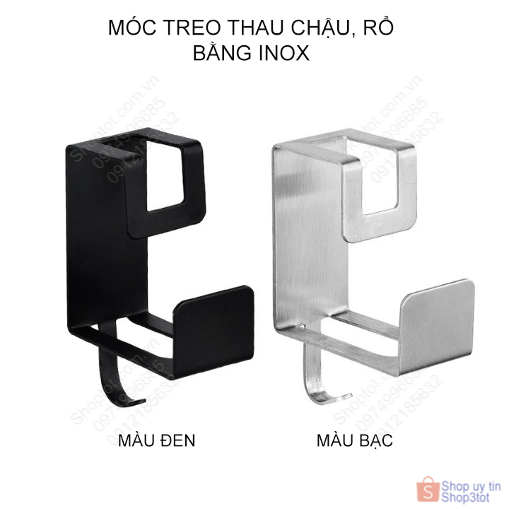 Móc treo thau chậu, rổ giá bằng inox không gỉ, treo đồ đa năng nhà bếp, nhà tắm, gắn tường bằng keo