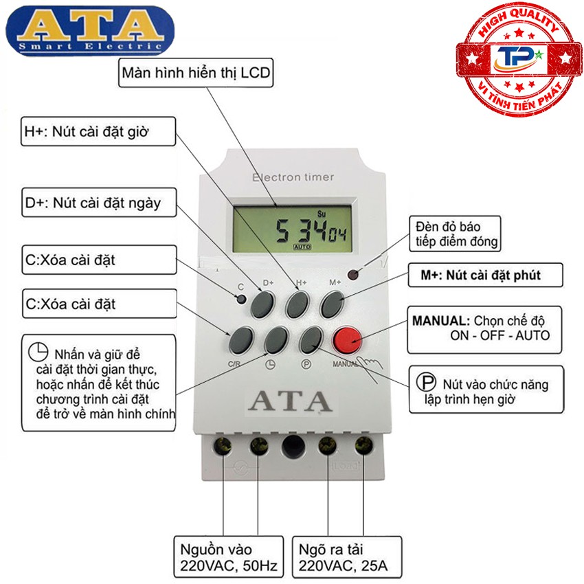 Thiết bị hẹn giờ tắt mở điện thông minh tự động ATA AT-17C Timer điện tử hiển thị màn hình LCD