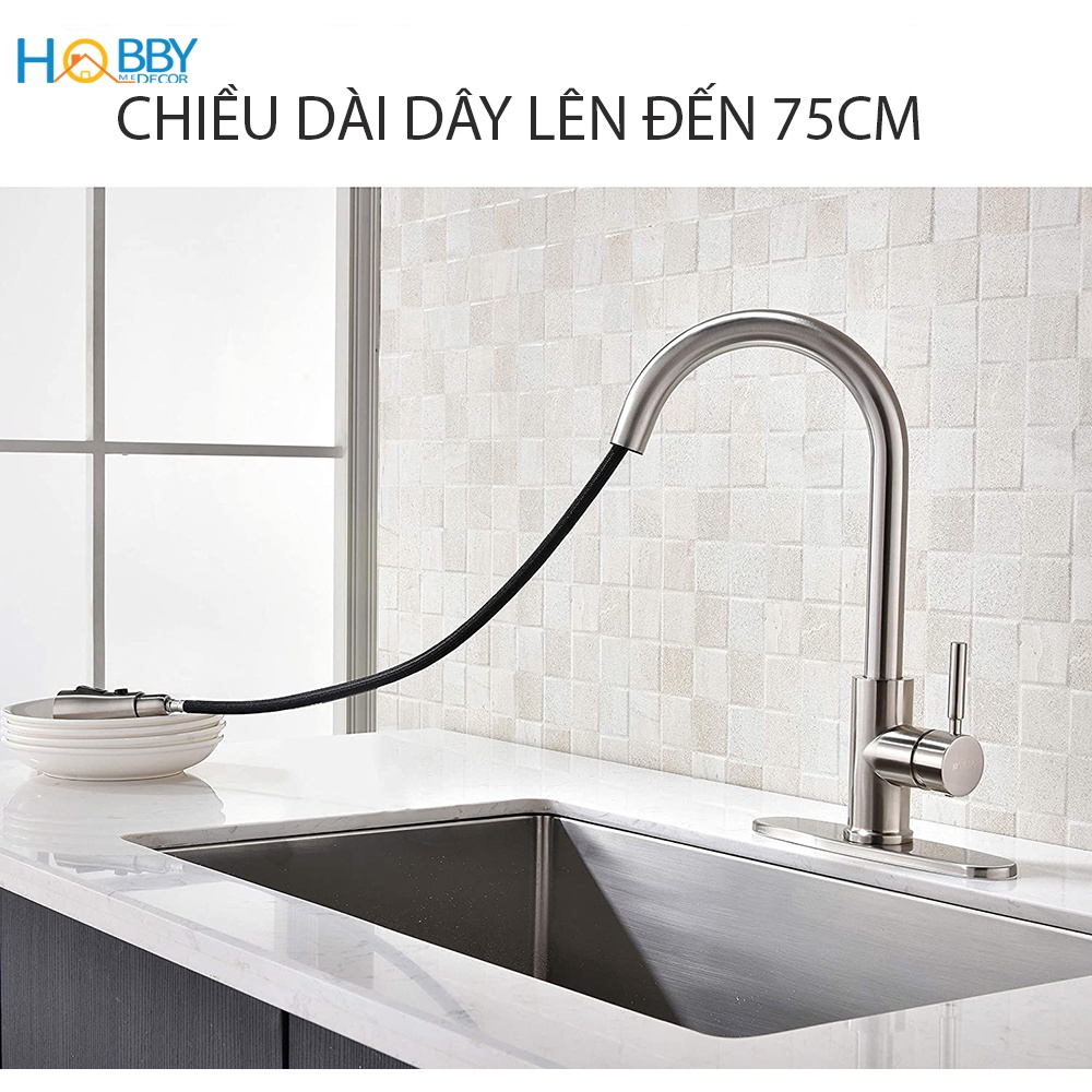 Bộ vòi rửa chén nóng lạnh dây rút có đế lõi đồng HOBBY VDR3 - có tạ dây rút dài 75cm và 2 dây cấp - 2 chế độ phun mạnh