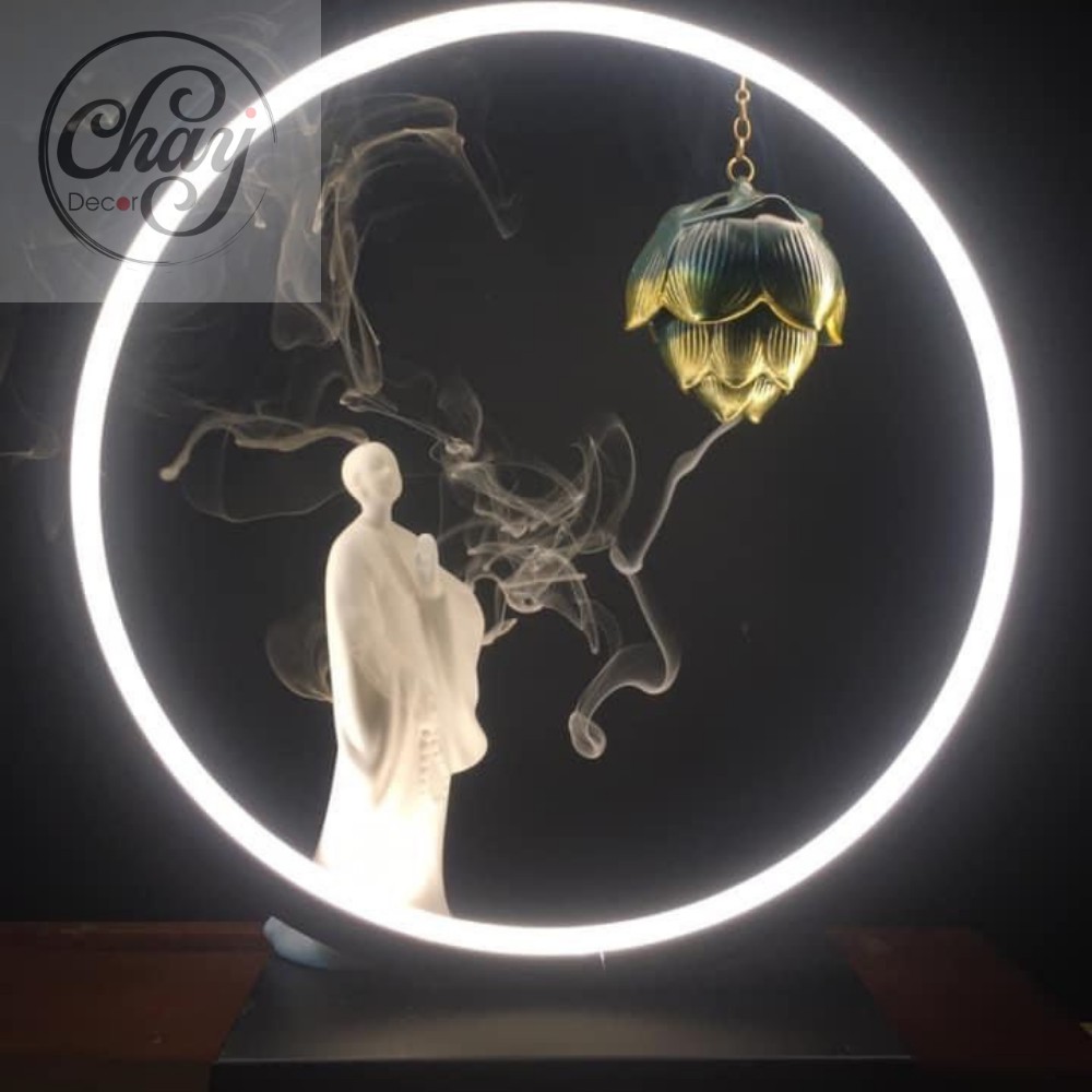 Tượng Vô Diện Bái Phật Kèm Đèn Led Hào Quang Trang Trí Tiểu Cảnh Hàng Đẹp - Chay Decor