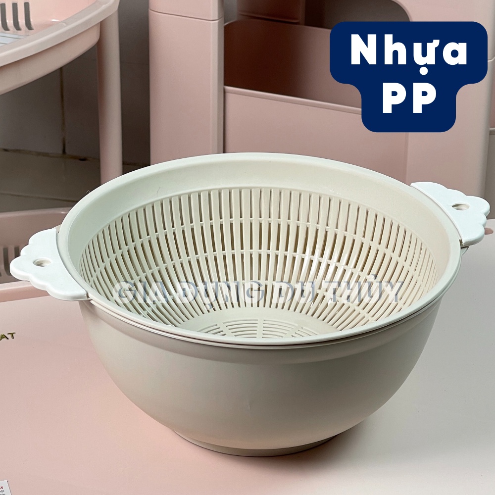 Bộ thau rổ nhựa rửa rau quả hình tròn màu pastel có tay cầm và lỗ xỏ dây treo tiện lợi nhựa PP đáy sâu - RỔ TAI 2 LỚP VN