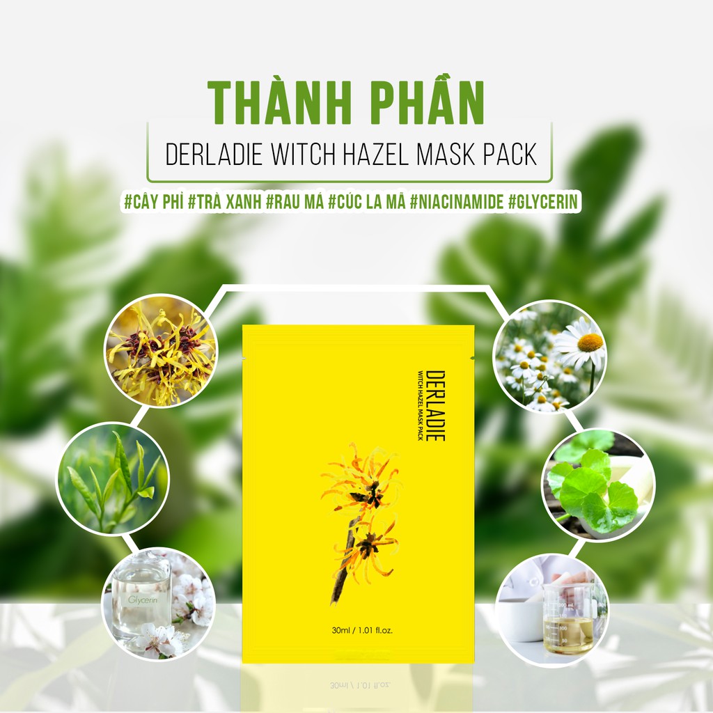 Combo 3 mặt nạ Derladie Witch Hazel Mask Pack giảm mụn, dưỡng sáng da 30ml x3