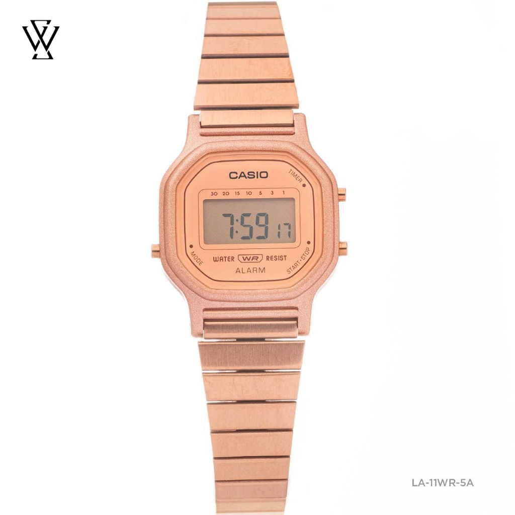 Đồng Hồ Điện Tử Nữ Casio WATCHSTORE LA-11WR-5A Thiết Kế Mặt Kính Nhựa 25.5mm, Dây Kim Loại, Vỏ Nhựa Màu Vàng Hồng