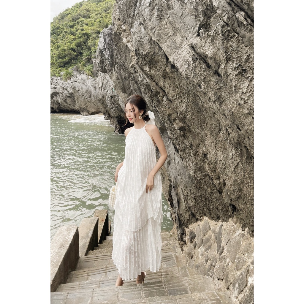 Váy yếm dập ly xoè 2 tầng dáng dài thướt tha TIINSTORE V0D525