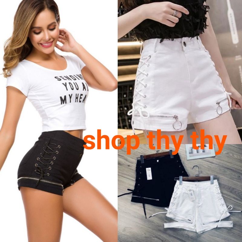 Quần short nữ chất kaki phối dây kéo kiểu đan dây chéo bên hông thời trang hàn quốc