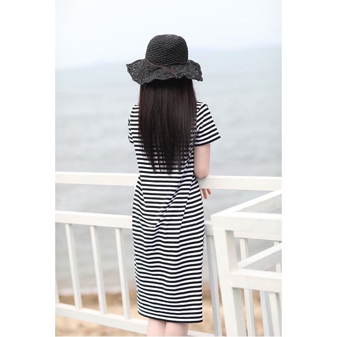 Váy suông cotton kẻ đen trắng,Đầm maxi đi biển cho nữ