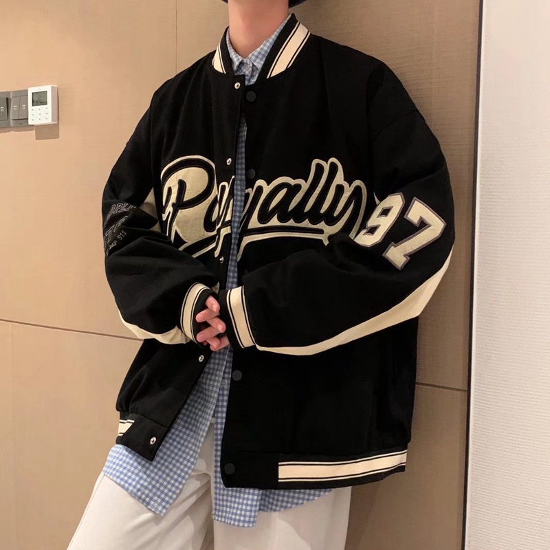 Áo khoác bóng chày dáng rộng thêu họa tiết phong cách Retro Mỹ cá tính dành cho cặp đôi