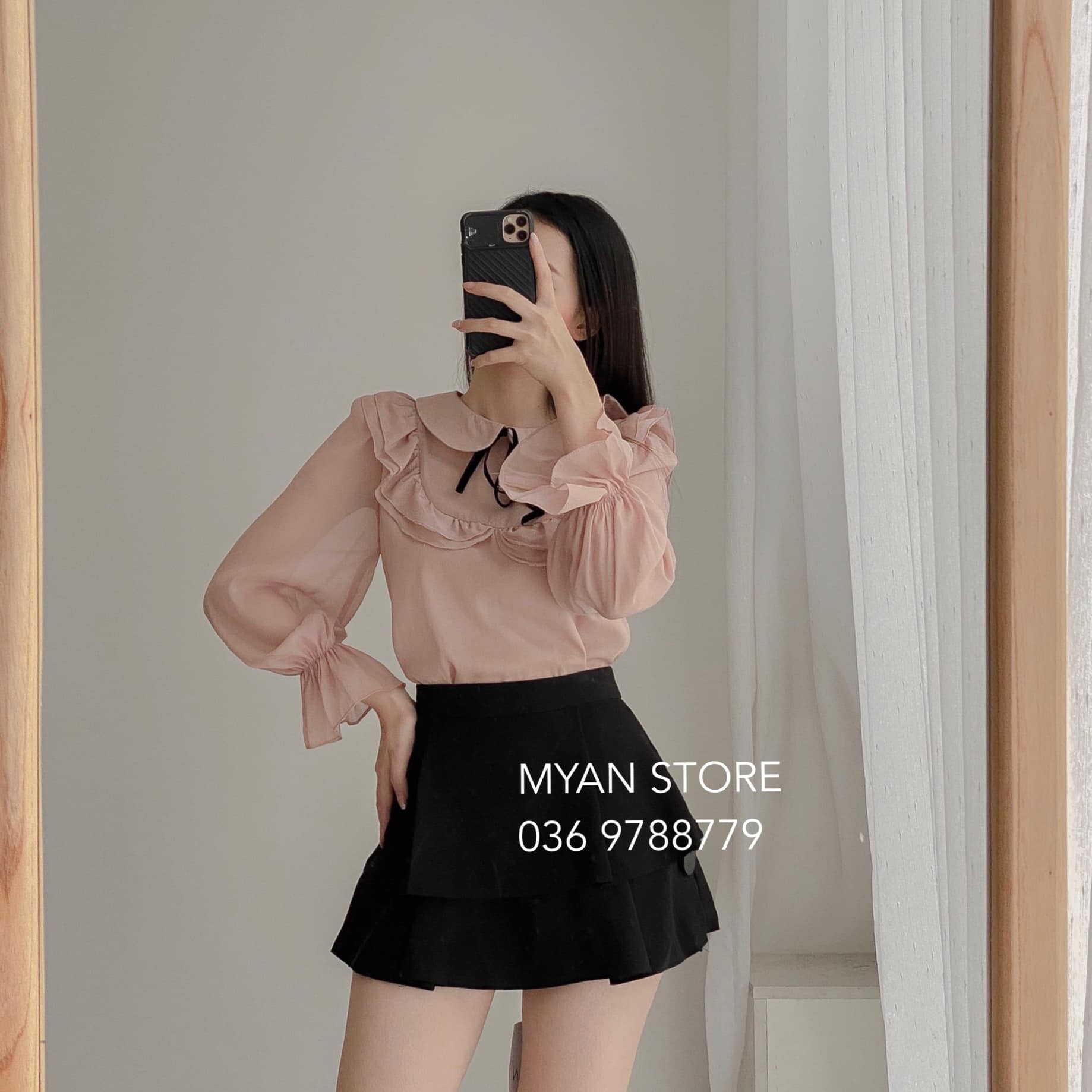 Áo tơ cổ sen nơ đen bèo yếm, chun tay avn042104