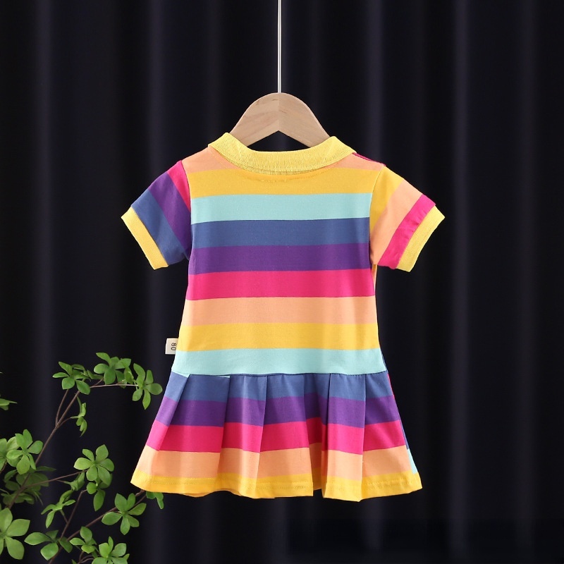 Váy cho bé gái trẻ em Cầu vồng ngắn tay váy công chúa xếp ly 0-5 tuổi
