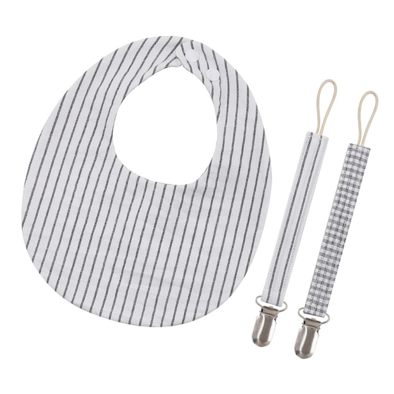 Set 3 Yếm Ăn Cotton Lanh Có Kẹp Dây Xích Đeo Hai Mặt In Họa Tiết Kẻ Sọc Cho Bé