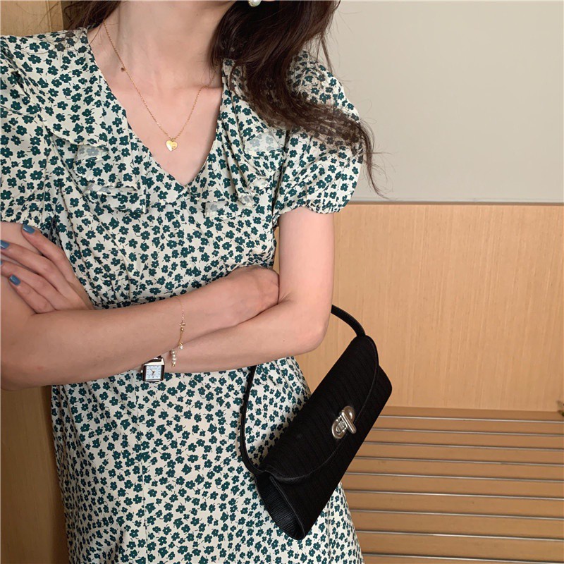 Đầm Hoa Tay Phồng Cổ Chữ V Phong Cách Retro Hàn Quốc 44024