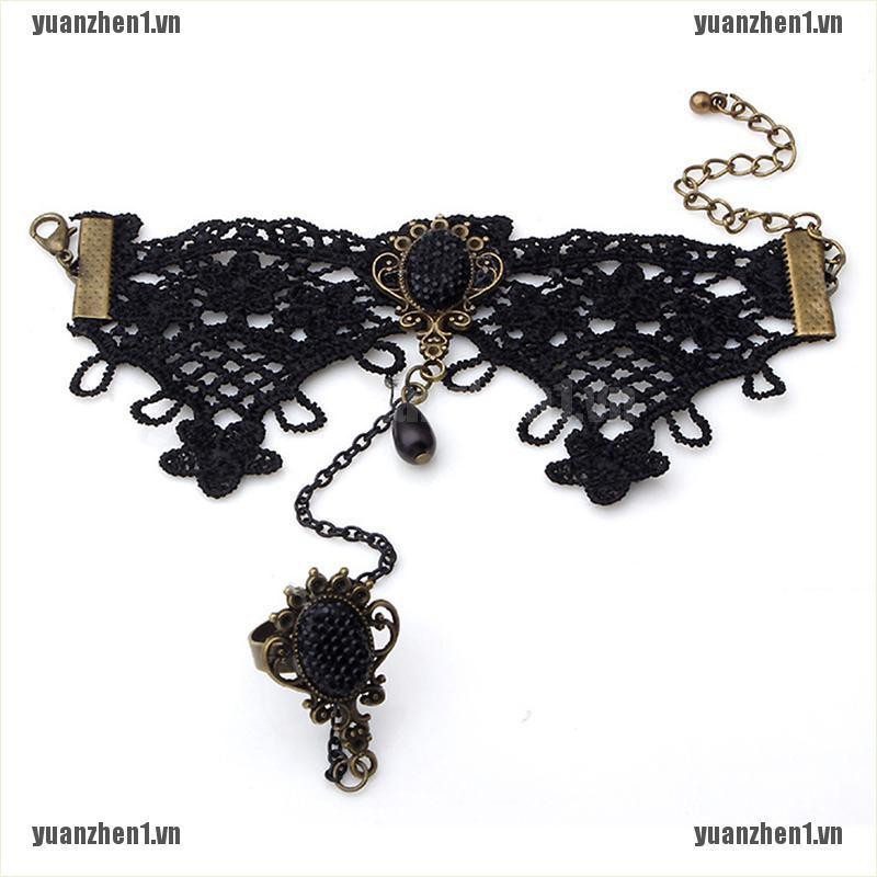 [YUANZHEN1] Vòng Tay Ren Đen Phối Nhẫn Phong Cách Gothic Cho Nữ