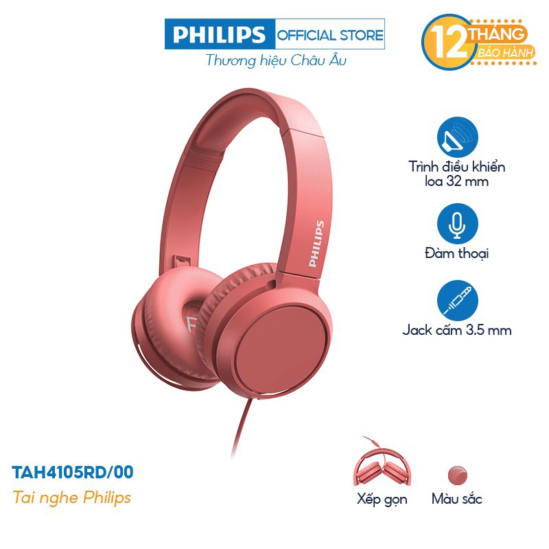 Tai nghe Philips chụp tai TAH4105RD/00 - Có mic - Màu đỏ - Hàng Chính Hãng