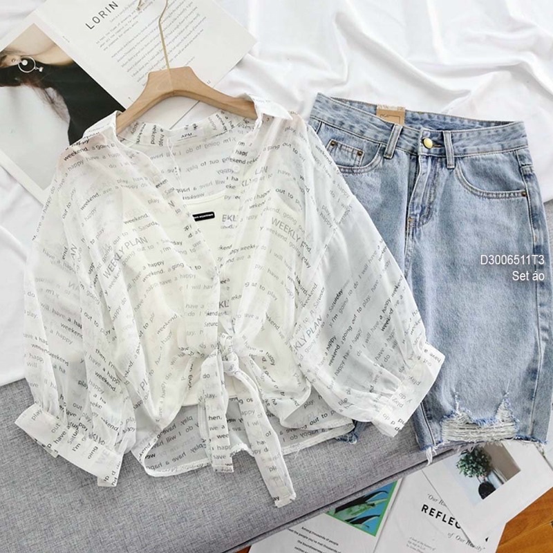 Set áo sơ mi họa tiết chữ vạt buộc nơ kèm áo lót