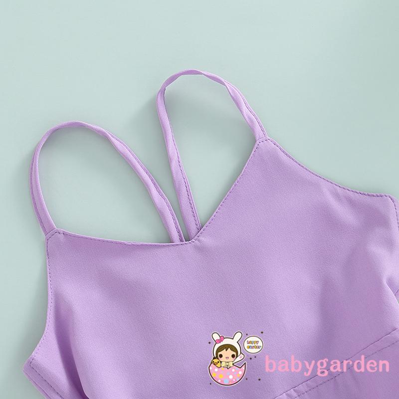 Áo liền quần Tay Loe Dài Cổ Chữ V Màu Trơn Thời Trang Mùa Hè Cho Bé Gái 1-6 Tuổi