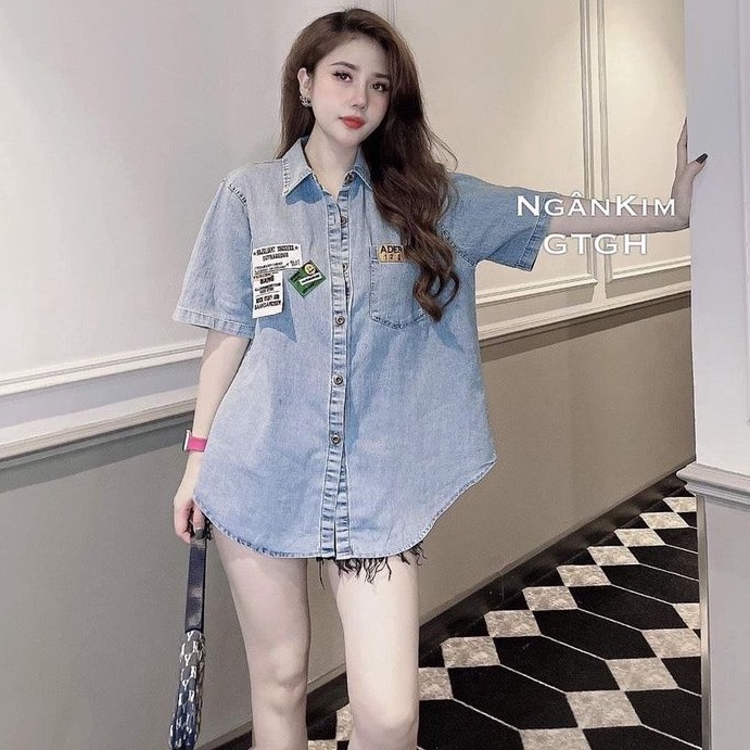 Áo Jeans cộc tay mác tag chữ phối xinh