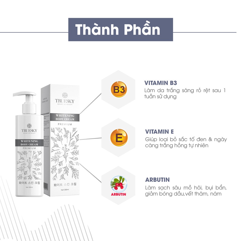 Kem ủ trắng da toàn thân cấp tốc Truesky Premium dạng vòi nhấn - Whitening Body Cream 200ml - Katta