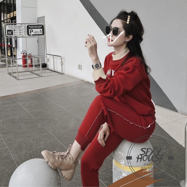 Set nỉ thu đông - bộ nỉ bông chữ màu đỏ B15 SEXYHOUSE