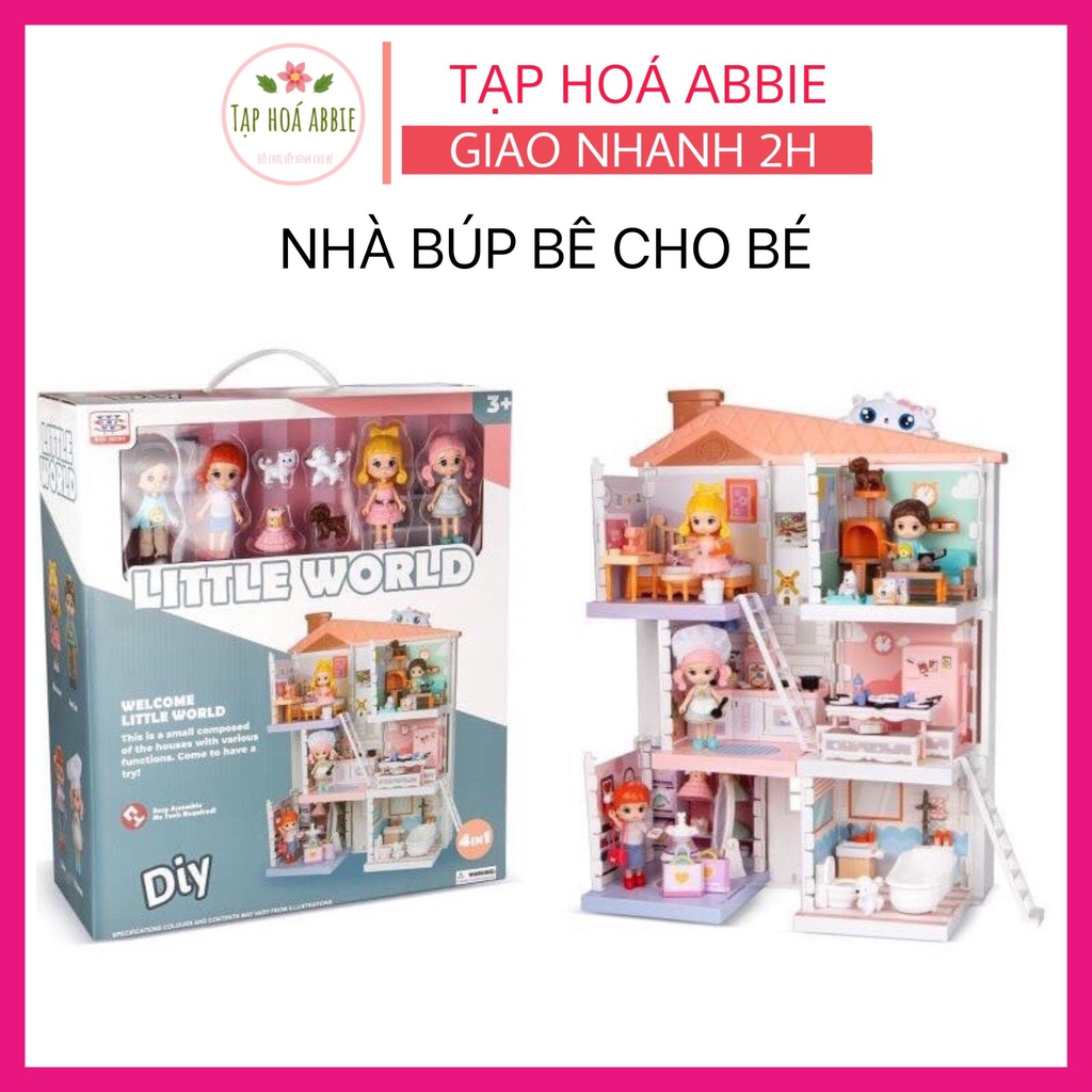 Nhà búp bê barbie cỡ lớn, đồ chơi cho bé gái lắp ráp mô hình nhà biệt thự kèm 4 búp bê mini, chất liệu nhựa cao cấp